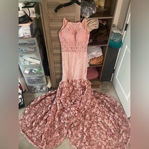 Custom made prom dress with long rose train.